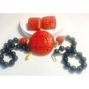 Vintage Vermeil Red Cinnabar Onyx Necklace Earrings Artisan BJ‎ Made READ